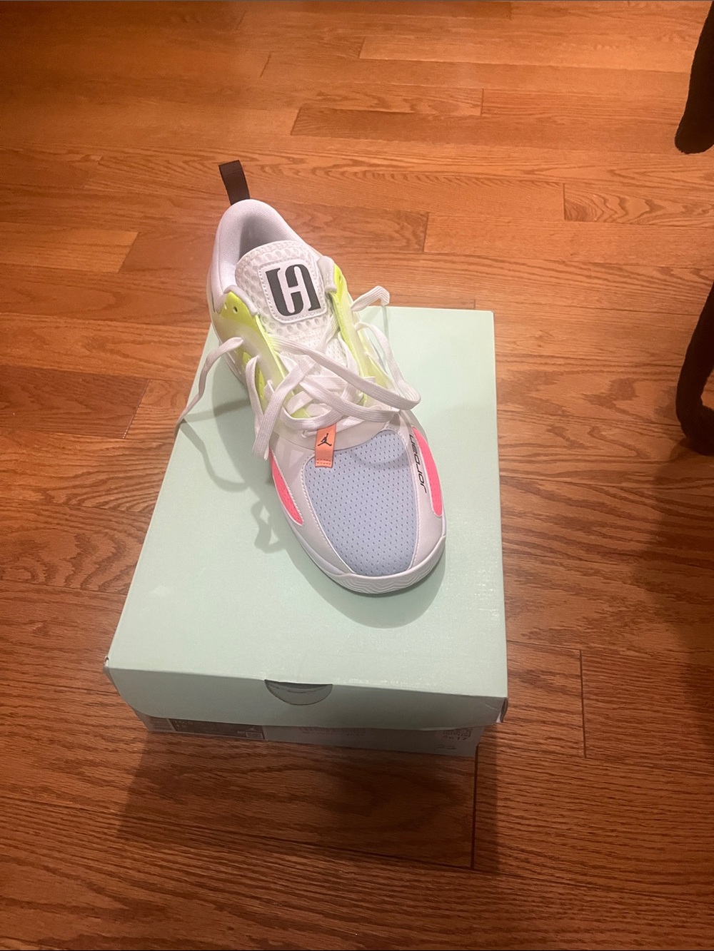 Jordan White Sneaker with Neon Pink, Lime and Sky Accents - Picture 2 of 3